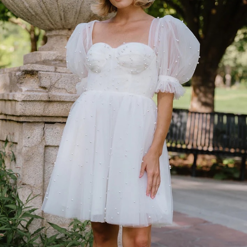 Ava Gowns White Pearl Dress with Lace-Up Back